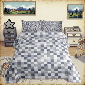 Pixel Grid Style Comforter Set,Modern Aesthetic Bedding Set Adults Bedroom Decor,Geometric Grid Video Games Duvet Insert,Grey Quilted Duvet Set