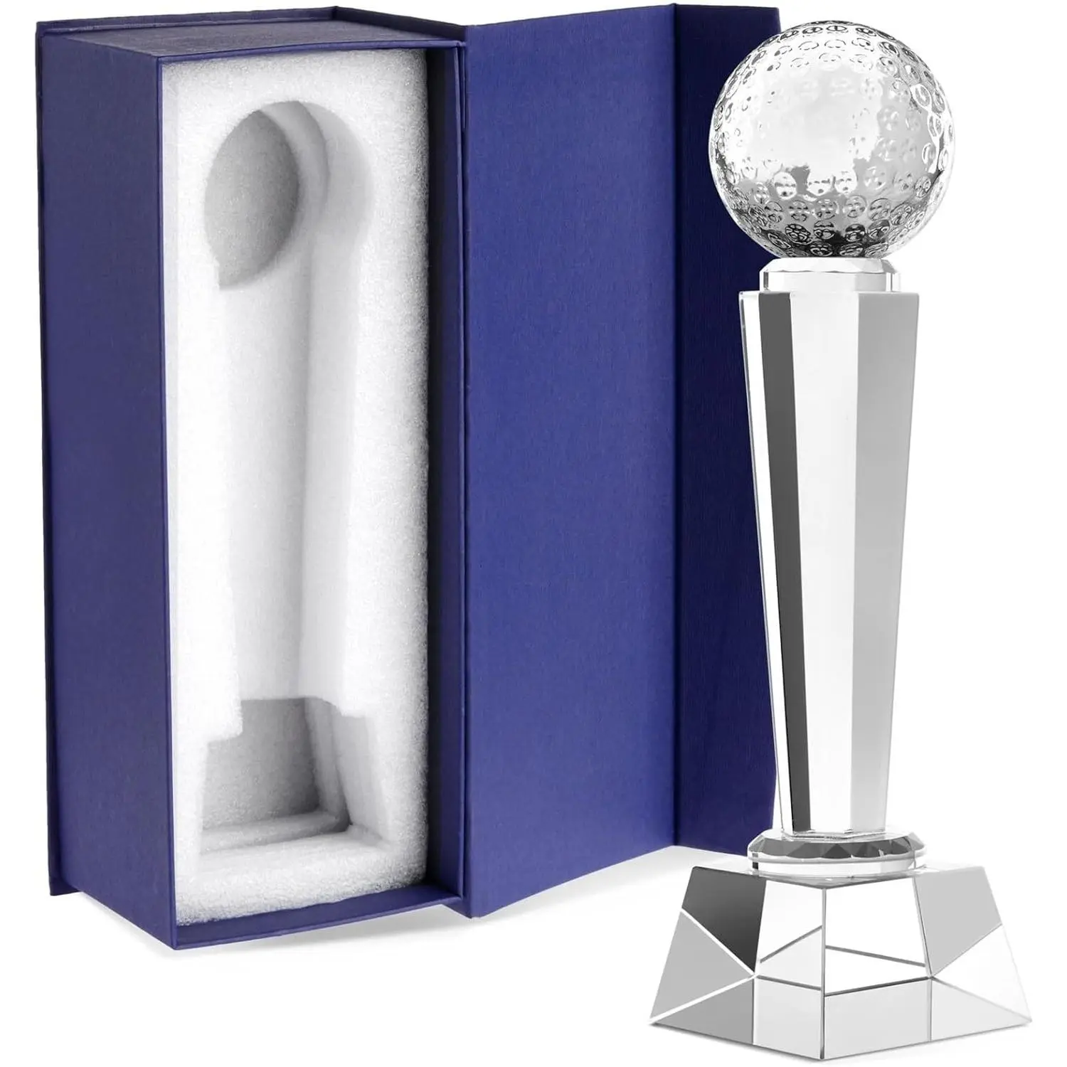 9-In Premium Etched Crystal Glass Golf Trophy with Etched Detail, Finely Sculpted Design, Refined Look & Elegant Gift Box – Tournament Champion Award, Desktop Paperweight & Table Decor