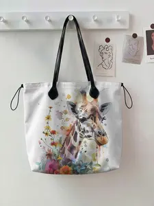 Giraffe Pattern Drawstring Stylish Tote Bag, Large Capacity Shopping Bag, Durable and Wear-Resistant, Random Print, All Seasons Use