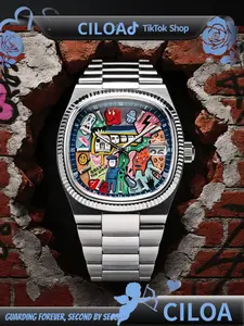 Men's Stainless Steel Watch Band, Colorful Cartoon Creative Dial, Casual Quartz Analog-Digital Wristwatch, All Seasons Fashion, Exquisite Band Watch, Modern Trendy Watch, Modern Fashionable Wristwatch