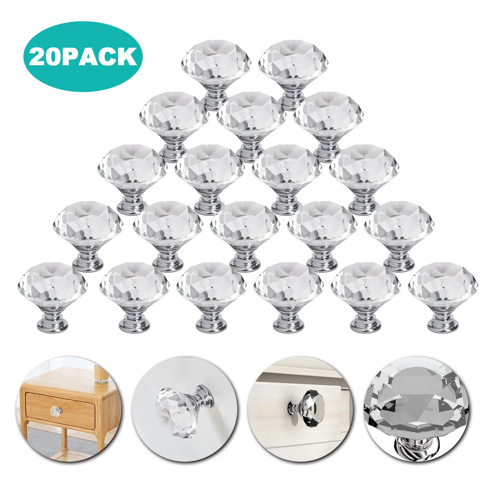 20PCS 30mm Artistic Durable Crystal Glass Cabinet Knobs - Diamond-Shape Silver Hardware with Comfortable Touch for Drawers, Cupboards, Door Handles Interior