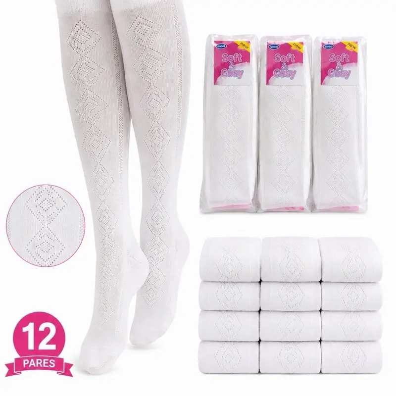 12-Pack White Knee High School Socks – Diamond Knit Design