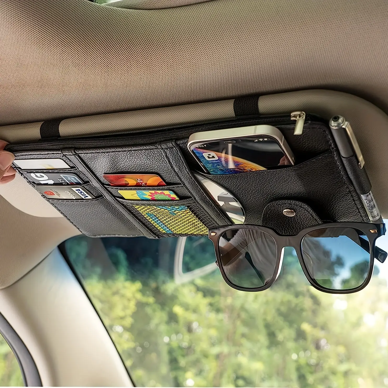 Car Sun Visor Organizer, PU Leather Auto Truck Visor Storage Organizer with Multi Pocket Pouch and Accessories Organizer Holder for Card File Document Cash, Car Accessory, Car Organization Accessories, Car Storage Organizers