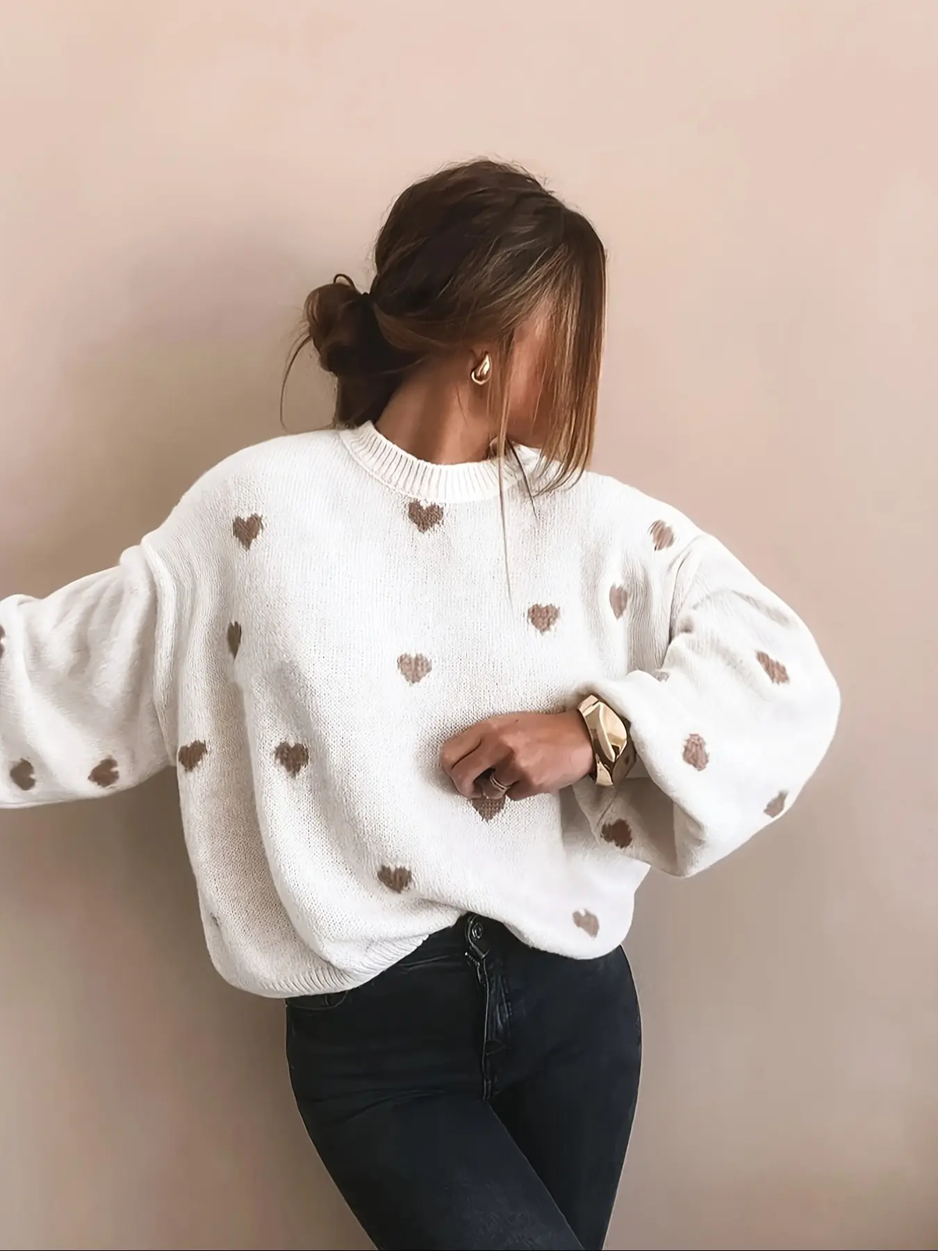 White Heart Jacquard Sweater for Women, Sweet Autumn Winter Fashion, Warm Casual Pullover Top, Balloon Long Sleeve, Versatile Cozy Knitwear, Fall Winter Clothing