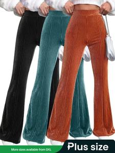 plus size women's casual solid flared pants, fitted comfortable all seasons bell bottoms, stylish knit trousers for daily wear