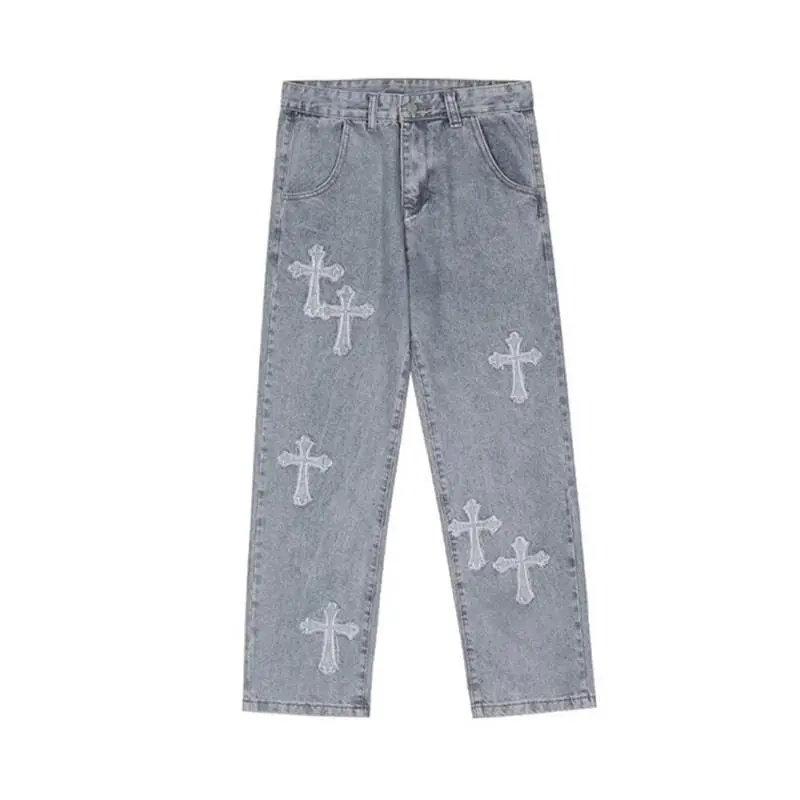 Sopula Studio Men's Ripped Straight-Leg Casual Fashion Denim Jeans - 50/50 Cotton-Spandex, Cross Embroidery Stands Out, Mensfashion Streetwear Skateboarding Pants, Men's Bottoms, Men's Pants