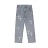 Sopula Studio Patterned Ripped Straight-Leg Men's Jeans - 50/50 Cotton-Spandex Cotton Blend, Cross Embroidery, Button Closure, Streetwear Skateboarding Casual Bottoms, 2XL Size Menswear