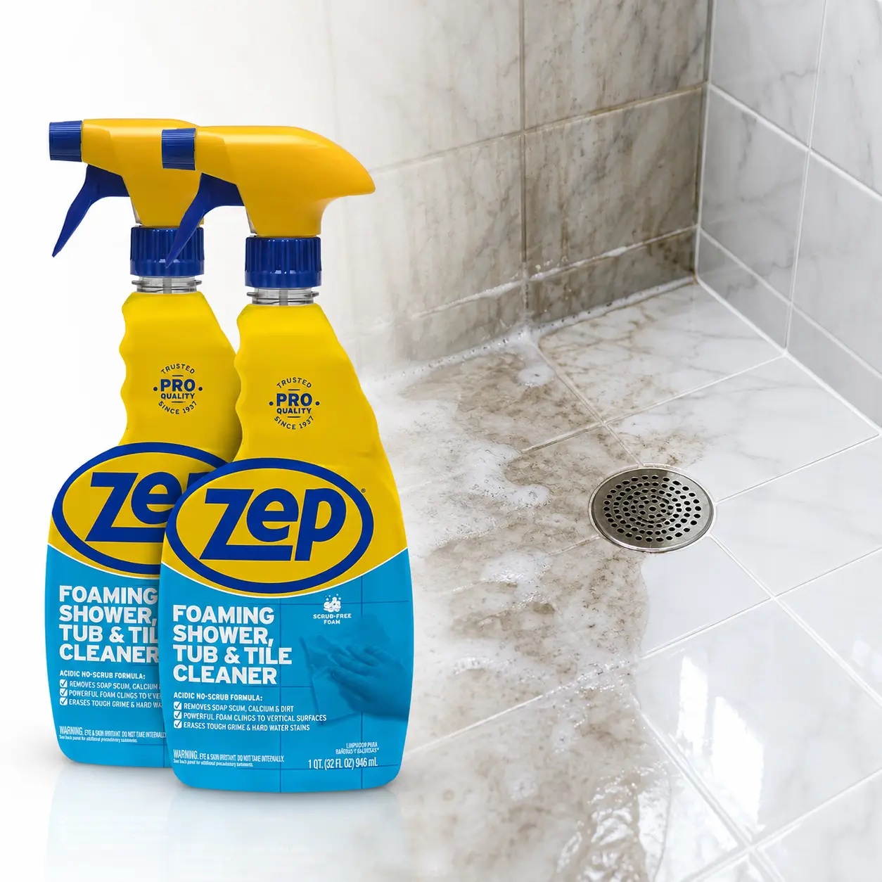 ZEP 32 oz. Power Foam Tub and Tile Cleaner, No-Scrub Bathroom Cleaner, Soap Scum Remover, Hard Water Stain Cleaner, Foaming Tile Cleaner, Limescale Remover, Acidic Foam Cleaner, Morning Rain Scent.