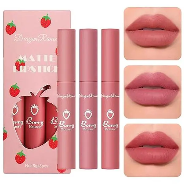 3Pcs Velvet Red Matte Lipstick Set, Dark Red Color Lip Stain Long Lasting, 24 Hours Lip Stick Wear Non-Stick Cup Not Fade Waterproof Lip Gloss Makeup, Beauty Cosmetics Day Gifts for Women