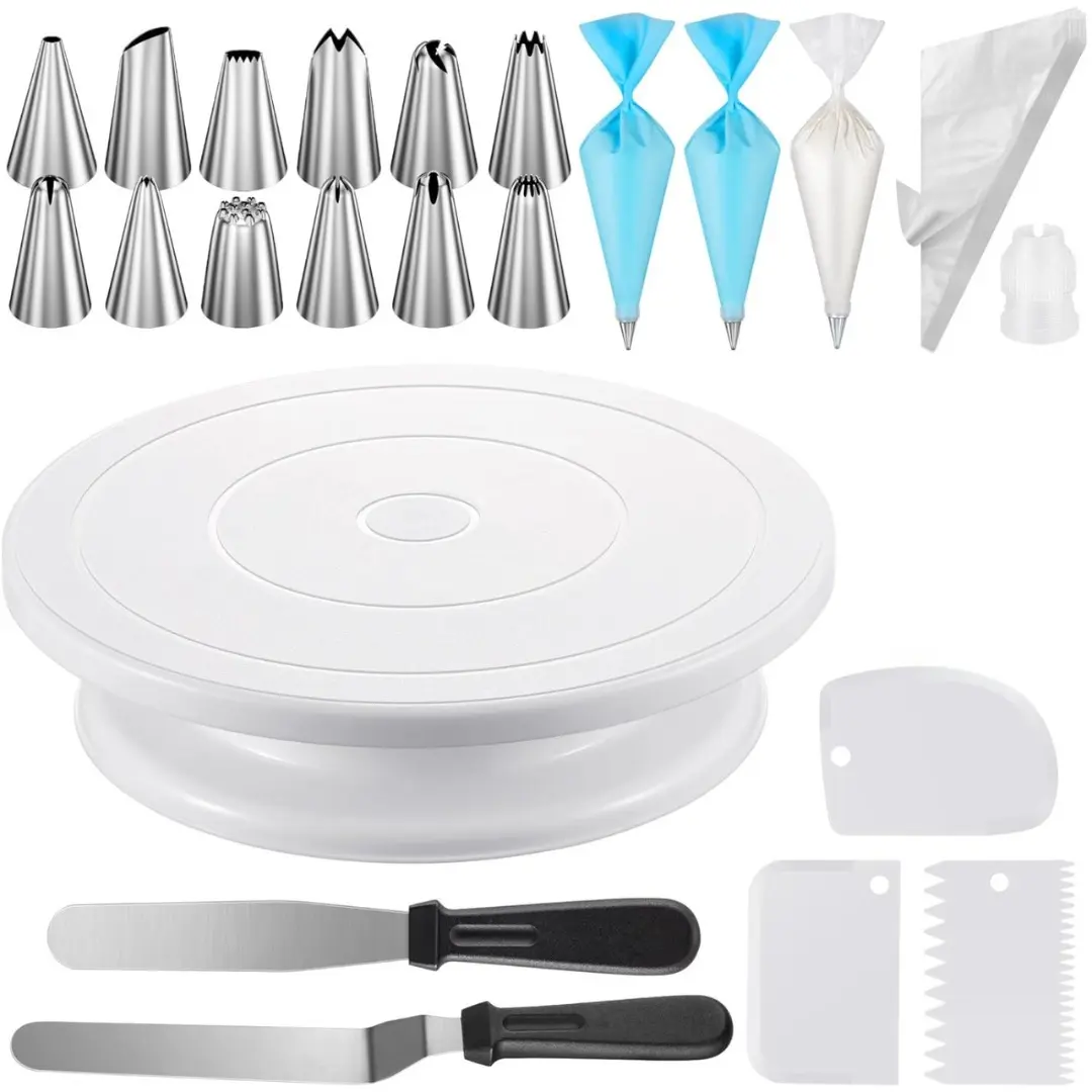 71PC Smooth Baking Cake Decorating Set, Home & Festive Party Supplies - 11-in Cake Stand Turntable, 12 Icing Piping Tips, 2 Frosting Spatulas, 3 Scrapers, 52 Polypropylene Piping Bags, Coupler, Video Tutorial Booklet for Birthdays, Weddings