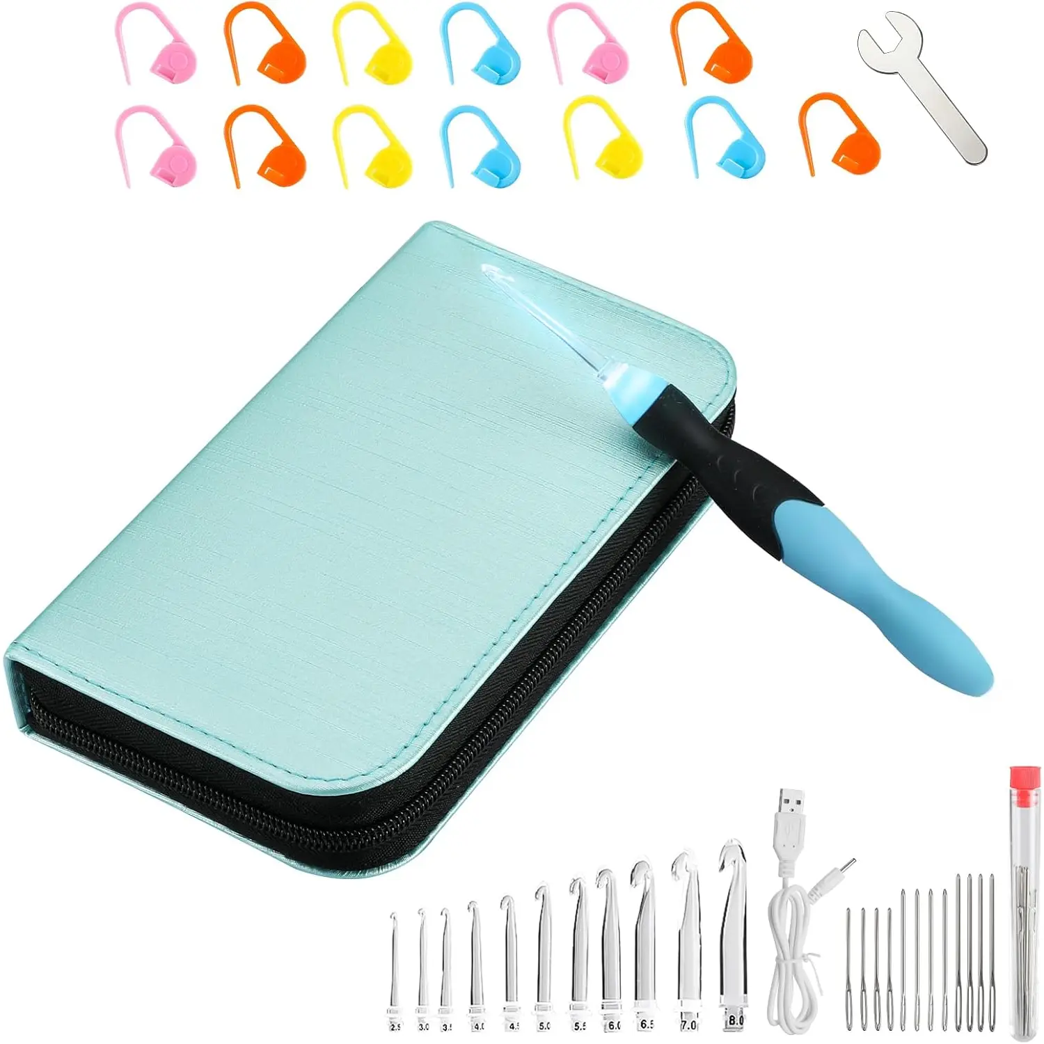 Light up Crochet Hook Set - 11 in 1 Lighted Crochet Hook Set for Beginners,  Soft Grip, Rechargeable Light, Interchangeable Heads - Ideal Crochet Hooks Kit
