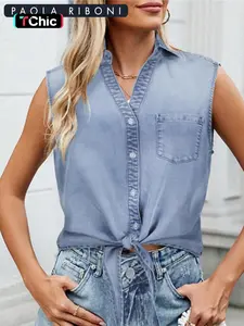 Women's Plain Button Front Pocket Denim Shirt, Casual Sleeveless Shirt for Summer, Ladies Clothes for Daily Wear, Crop Top