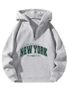 Men's New York Print Half-Zip Long Sleeve Hoodie, Vintage College Style, Soft Fleece Fabric, Retro City Print, Casual Urban Fashion
