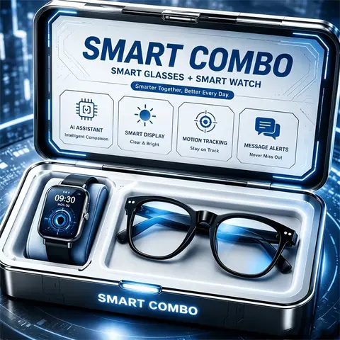 PLEIVO 2-in-1 AI Smart Glasses & Smartwatch Bundle - Bluetooth Open-Ear Audio, AI Voice Assistant, Realtime Transl, Hands-Free Calls, Motion Tracking, Fitness Tracker, Heart Rate & Sleep Monitoring, Casual Wearable, Guys Gifts