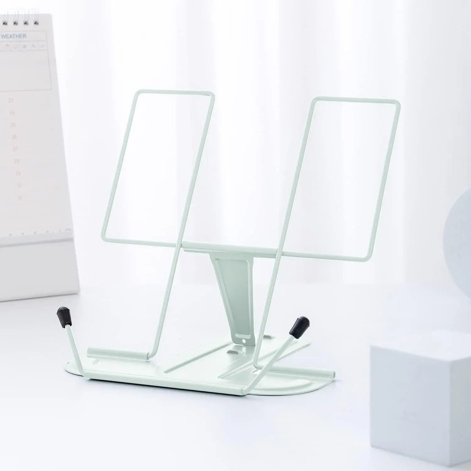 Metal Book Stand for Desk, Adjustable Reading Rest Book Holder, Portable Cookbook Documents Holder, Sturdy Typing Stand for Recipes Textbooks Tablet Music Books with Page Clips (Macaron Green)