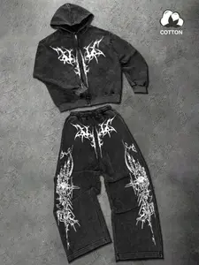 Men's Cotton Two-Piece Set, Fashion Casual Clothing, Thorn Print Hoodie and Long Pants, Spring Fall Winter Sports Wear