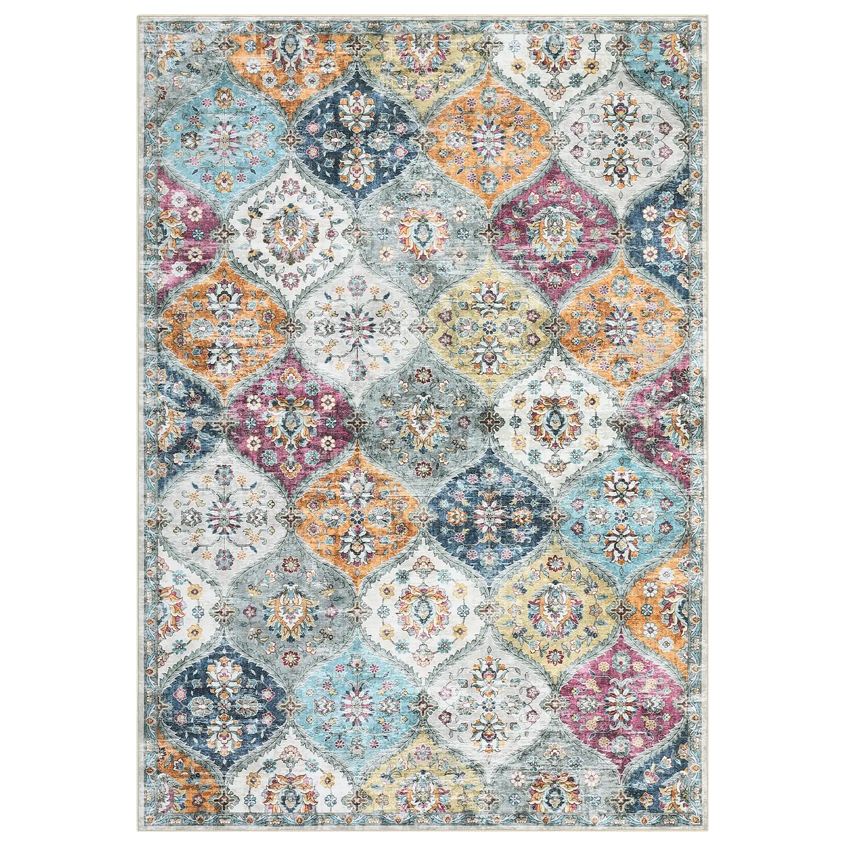 2x6 ft Floral Print Hallway Runner Rug - Retro Vintage Decorative Area Rug, Purple/Yellow Machine Washable Material with Anti-Slip Back, Kitchen Mat, Decorative Rug