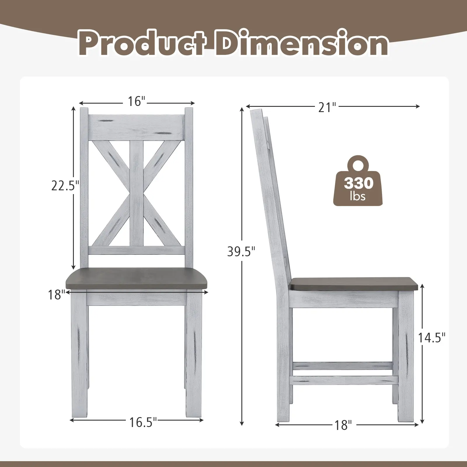 COSTWAY - Farmhouse Chair Set of 2 with Rubber Wood Frame and Elegant Hollowed Backrest-Gray
