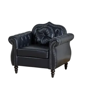 Giratree Furniture 37.4" Black PU Leather Accent Chair, Mid-Century Modern Tufted Armchair with Pillow, Chesterfield Style Single Sofa Chair for Living Room Bedroom Office