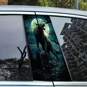 Moonlight Werewolf Car B Pillar Stickers, Fantasy Wolf Night Scene Decoration, Easy Peel & Stick, Waterproof Scratch-Resistant, Car Decals