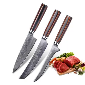 Damascus Knife Set 3Piece - Chef Knife Set Ultra Sharp Kitchen Knives and Full Tang Wood Handle - Meat Cleaver Vegetable, Paring &Slicing/Paring Utility Knives