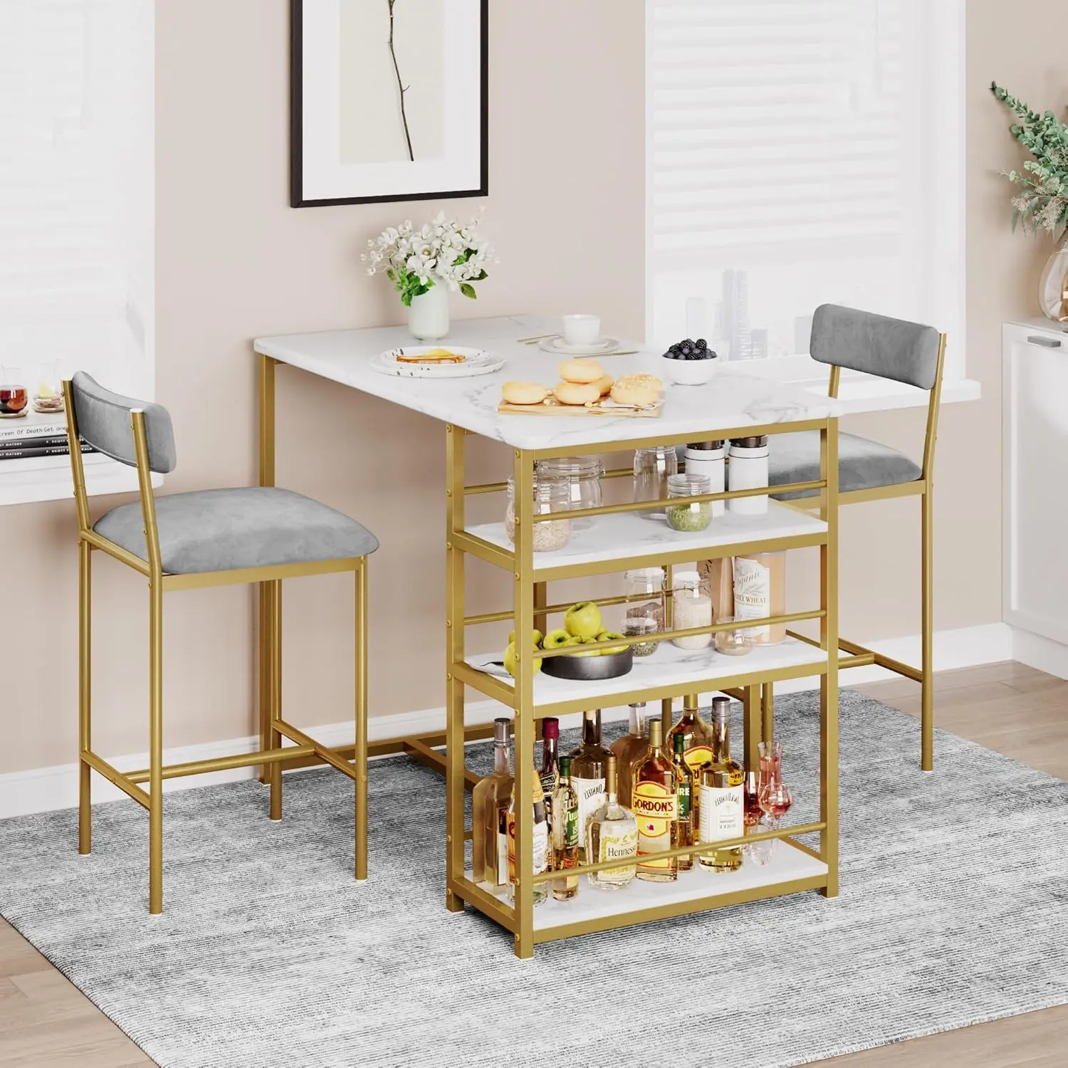 Dining Table Set for 2 with 3 Storage Shelves, 3-Piece Counter Height Kitchen Table Set with 2 Upholstered Stools, for Restaurants and Bistros