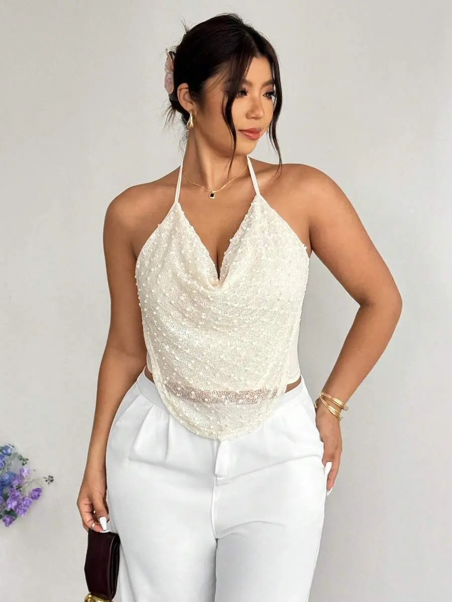 Plus Size Elegant White Summer Camisole For Women, Pearl Beaded Mesh Backless Draped Neck Tank Top, Bachelorette Party Night Out Club Concert Vacation