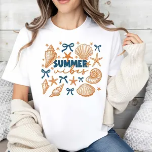Casual Summer Style Women's T-Shirt With Seashell And Starfish Print Summer Vibes Design Perfect For Beach Outings And Warm Weather Ideal Gift For Friends And Family Who Love Coastal Themes