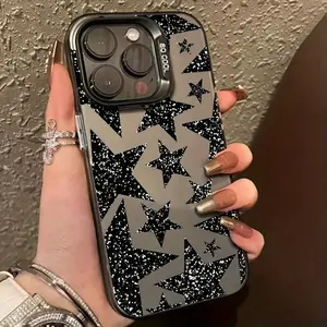 A Black Glitter Star-Patterned Phone Case Suitable for Iphone Models 11, 12, 13, 14, 15, And 16, Including Pro Max, XS, XR, X, 7, 8 Plus, And SE Series. Perfect As a Gift for Christmas And Halloween for Girlfriends, Boyfrien Suitable for Samsung S25 ULTRA