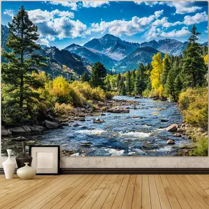 Polyester Tapestry Wall Hanging - Nature-Themed Scenic Print with Forest Mountain, Green Pine Tree, White Clouds, Flowing River, Aesthetic Home Decor for Bedroom, Living Room