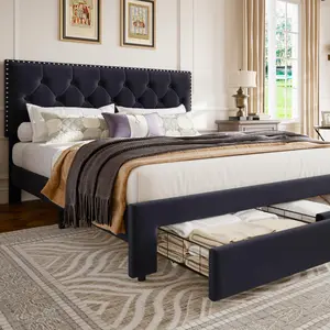 Garvee Full Size Soft Upholstered Platform Bed Frame with Storage Drawers, Diamond Button Tufted Wingback Headboard with Heavy Duty Wooden Slats, No Box Spring Needed, Easy Assembly, Black