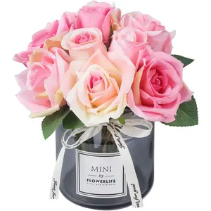 Pink Decorative Silk Rose Bouquet Set with Plastic Base and Glass Vase - Flower, Home Decor for Living Room, Dining Table Home Supplies