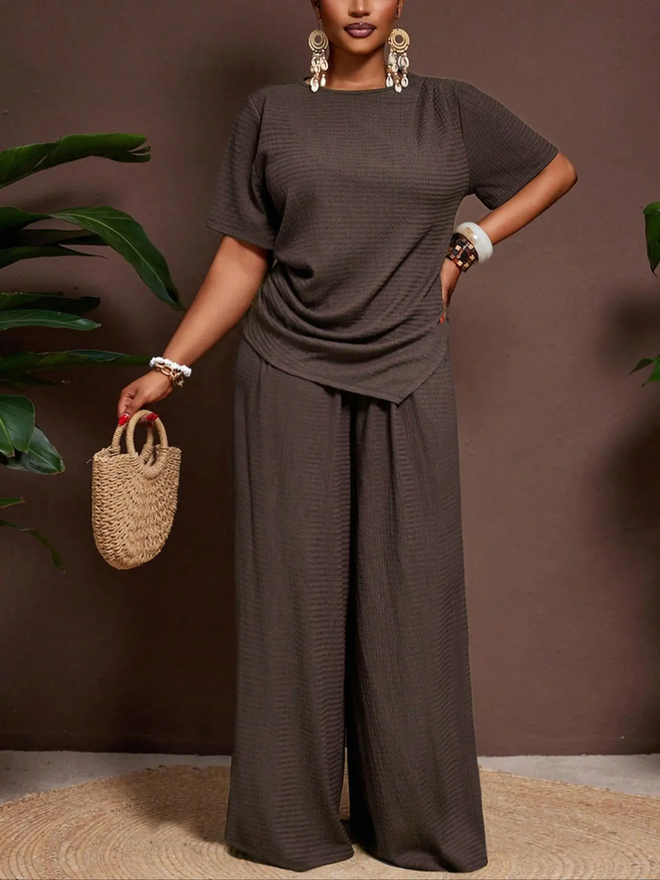 Women's Casual Summer Set, Asymmetrical Hem Short Sleeve Top & Elastic Waist Wide Leg Pants, Plus Size Fashion Outfit Clothes