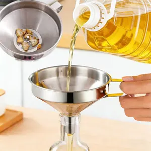 Kitchen oil filter funnel, kitchen oil filling device, equipped with filter screen suitable for multi-size bottle mouth, stainless steel food-grade kitchen general funnel, kitchen and baking supplies