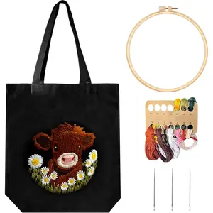 Embroidery Kit Canvas Tote Bag, Canvas Handbag Embroidery Kit for Beginners with Pre - Printed Highland Cow  - DIY Needlepoint Crafts with Hoops Threads  for Adults