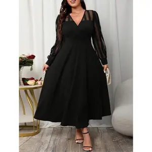 [plus size] Solid V-neck transparent dress, elegant bishop sleeve dress, suitable for party, holiday, wedding guests, spring and autumn women's clothing, formal women's clothingRAIMENTRY
