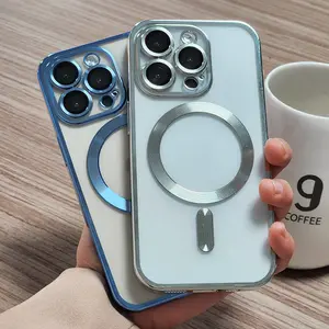 Electroplated Magnetic Case for IPhone 16 15 14 13 12 Pro Max Plus TPU Soft Casing Provides Safety and Shock Protection with Classic Hybrid Transparent Design and Includes Lens Film Cover Cases