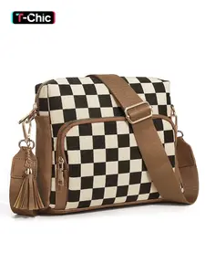 Checkered Crossbody Purses for Women Trendy,Vegan PU Medium Crossbody Shoulder Bag with Adjustable Strap,Women's Crossbody Travel Purse Built in Wallet for Travel Commute Shopping,Checkerboard Pattern Purse, Casual Trendy Bag, Fashionable Patterned Bag