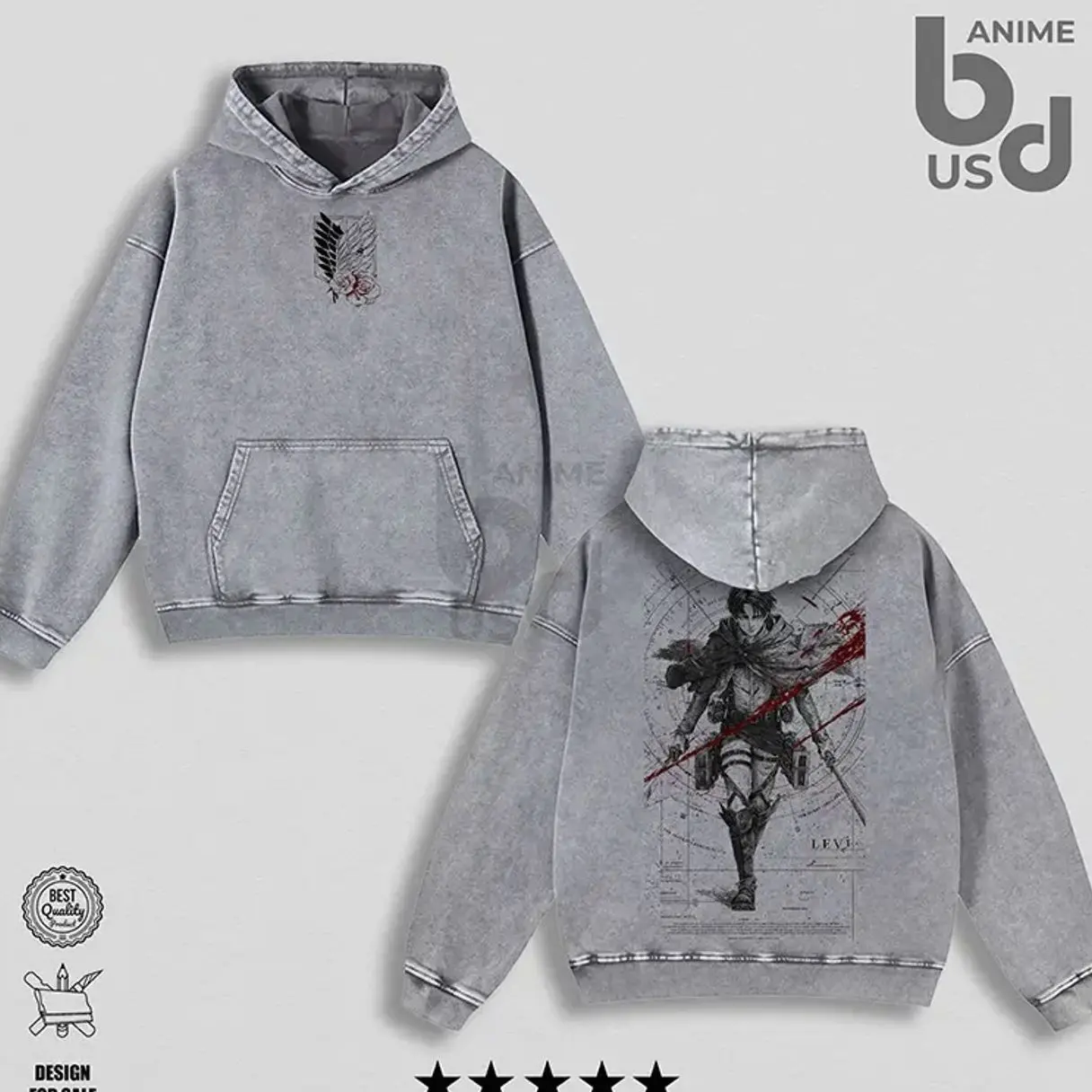 Levi Ackerman AOT Washed Hoodie | Oversize Unisex Double Printed Anime Graphic | Streetwear Merch Gift 8WC