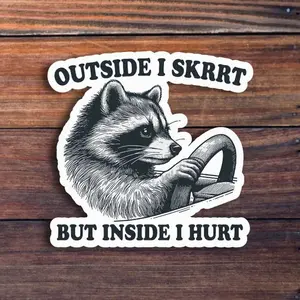 Outside I Skrrt But Inside I Hurt Sticker, Raccoon Driving Vinyl Sticker, Laptop Water Bottle Decal Sticker