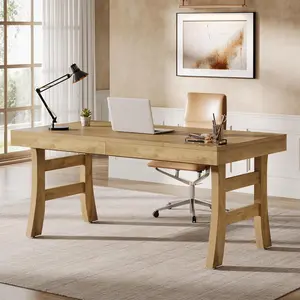 LITTLE TREE 63-Inch Executive Desk, Large Office Computer Desk with Sturdy Legs, Farmhouse Workstation Writing Table Business Furniture for Home Office, Light Brown