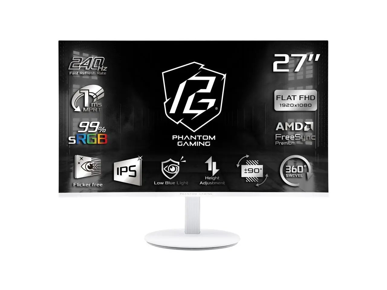 ASRock Phantom Gaming 27 inch Full HD 240Hz IPS FHD AMD FreeSync Premium (Adaptive Sync) 1ms White Gaming Computer Monitor with Height Adjustable, Pivot, Swivel & Tilt Stand PG27FFS2E-W