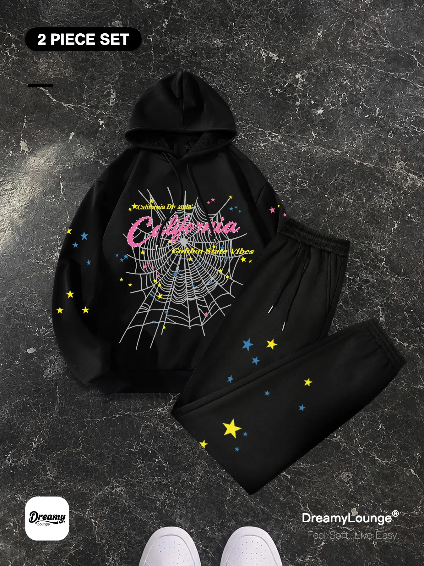 Trendy Graphic Spider Web Star Print ｜2-Piece Set｜Loose-Fit Oversized Hoodie + Jogger Pants, Casual Breathable for Daily Wear and Outdoor Activities