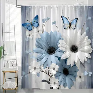 1/3/4 pcs Blue and White Floral Butterfly Shower Curtain set Featuring A Sophisticated Nature Theme with Bright Flowers Set Soft Gray Backdrop with Hooks Polyester Fabric