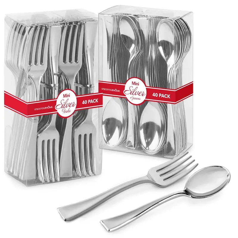 160 Pack Silver Plastic Mini Spoons and Forks (4 Inch) – 80 Disposable Tasting Spoons & 80 Appetizer Forks, Mini Utensils for Desserts, Food Samples, Appetizers & Charcuterie Boards
