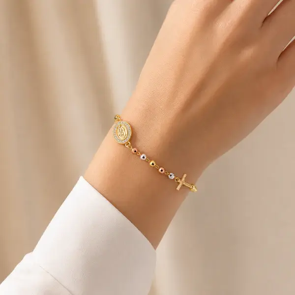 Tricolor Rosary Bracelet with Virgin Mary & Jesus Cross Charm – Premium Religious Faith Jewelry