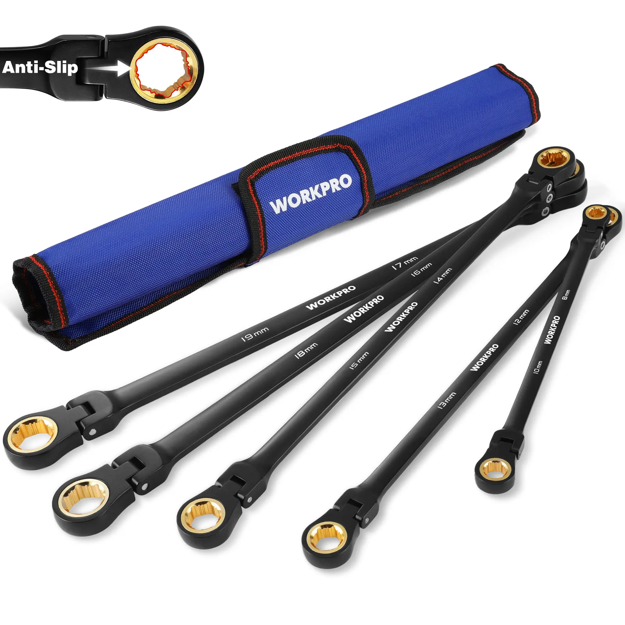 #fathersdaygift WORKPRO Extra Long Flex-Head Ratcheting Wrench Set, Anti-Slip Double Box Wrenches Set, Metric / SAE 72-Teeth, Cr-V Steel and Black Electrophoretic Coating Wrenches with Rolling Pouch