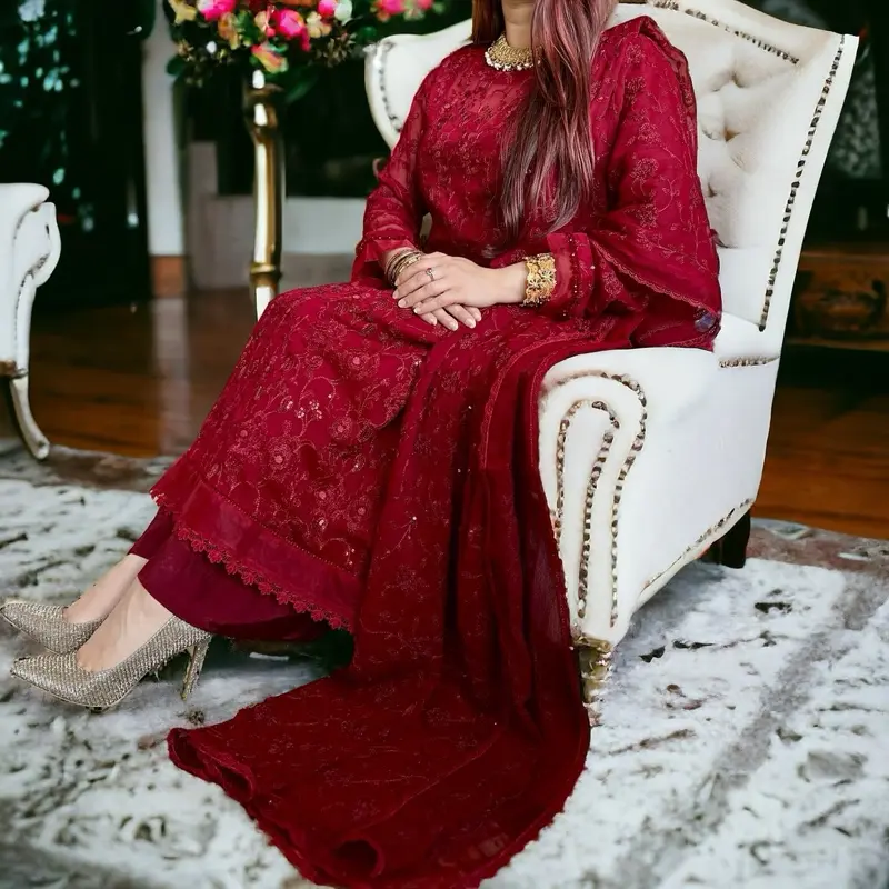 Rich Maroon Pakistani Dress with Shirt, Palazzo Pant, and Dupatta - Floral Embroidery, Lace, and Organza, Perfect for Eid, Parties, and Weddings Traditional Womenswear Elegant