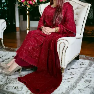 Rich Maroon Pakistani Dress with Shirt, Palazzo Pant, and Dupatta - Floral Embroidery, Lace, and Organza, Perfect for Eid, Parties, and Weddings Traditional Womenswear Elegant