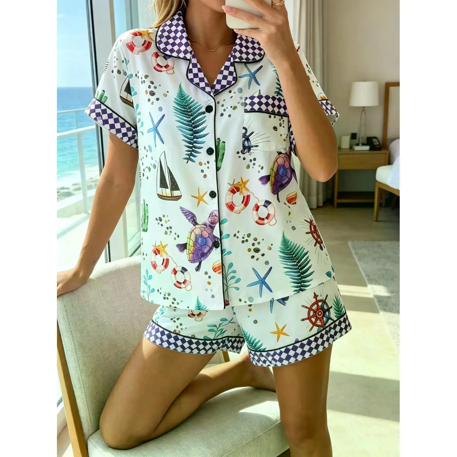 Women's Summer Cool Short Sleeve Pajama Set - 2 Piece Button-Front Shirt & Elastic Shorts, Sea Turtle Print Loungewear for All Seasons